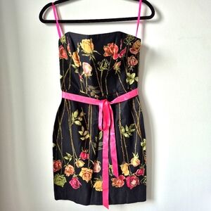 Betsey Johnson Chic Floral Strapless Dress Black with Vibrant Pink Accents S 6